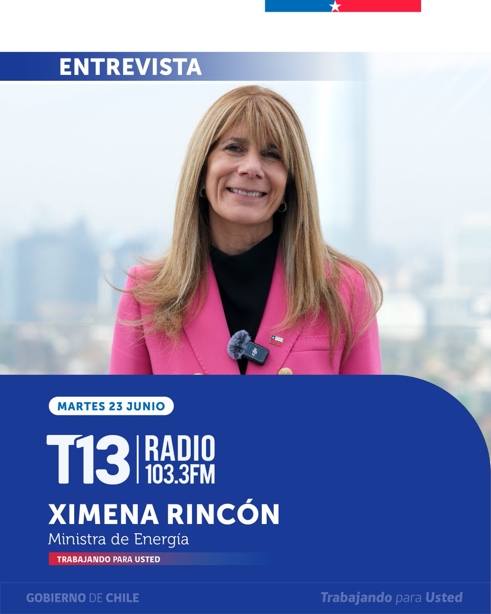 MinEnergia's tweet photo. 🔴EN MINUTOS 📻 | La ministra de Energía, Ximena Rincón, conversa con Conexión Tele13 de @Tele13_Radio.

Escúchala en vivo aquí: https://t.co/1uf25hDqxq https://t.co/I02Q1PY2wZ