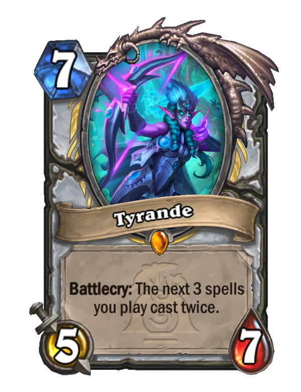 DRunyon88's tweet photo. @BabyBearHS If it was just once, it would read "The next time you cast a spell, summon a random minion of the same Cost." 
Example: Tyrande https://t.co/w0xSuoj4lI