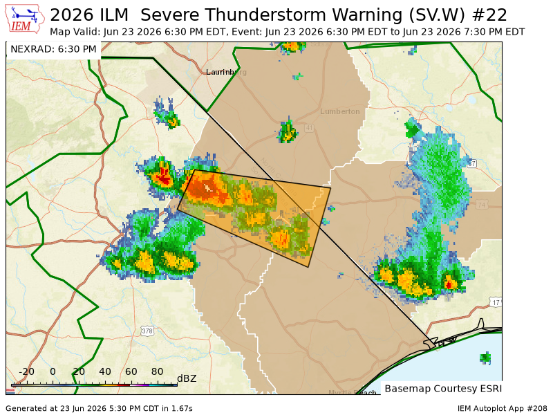 NCWXNOW's tweet photo. ILM issues Severe Thunderstorm Warning [wind: 60 MPH (RADAR INDICATED), hail: 0.75 IN (RADAR INDICATED)] for Columbus, Robeson [NC] and Dillon, Horry, Marion [SC] till Jun 23, 7:30 PM EDT https://t.co/oOCbquUkjc https://t.co/NdCErRrQjF