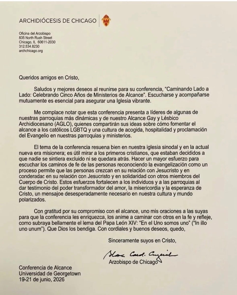 Luis61053512's tweet photo. Carta del sodomita y pro aborto cardenal Blaise Cupich arzobispo de Chicago apoyando el congreso de transexuales y homosexuales del nefasto jesuita James Martin en una universidad https://t.co/3lYs0xykOn pregunto:¿Porque nunca hay sanción del Papa con estas aberraciones? Y Tucho? https://t.co/sXDnUw5O51