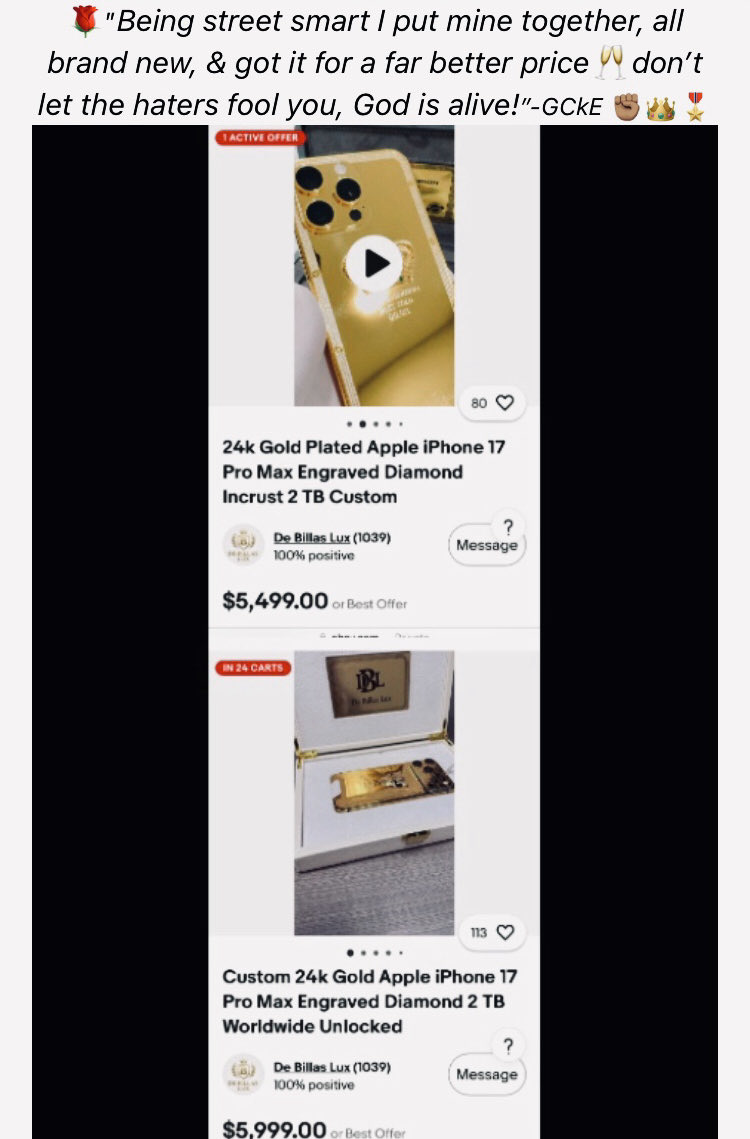 The2eyedman's tweet photo. 🍎📱GOLDEN APPLE; FOR-BID-IN fruit: My new gold iPhone #17promax complete🥂Righteous fruits of time put in fighting for the righteous cause, Don’t bite (don’t copy/ duplicate) My apple😆🎖No it wasn’t a gift

#LetsFreeBeyonceFromJayZ  🪓
#Beyonce #StopGunControl 
#JustKOSweCare🎖 https://t.co/U94G7OUq5Z