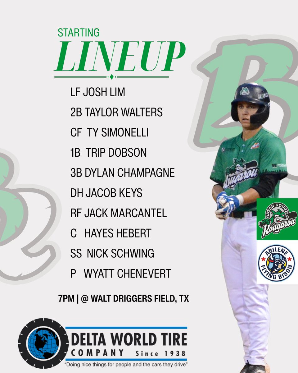 BRRougarou's tweet photo. STARTING LINEUP for tonight’s away game against the Flying Bison.
GEAUX ROUGS
#tcl #defendingchamps #rougaroubaseball #summerball #lineup https://t.co/1FE8jkNiUC