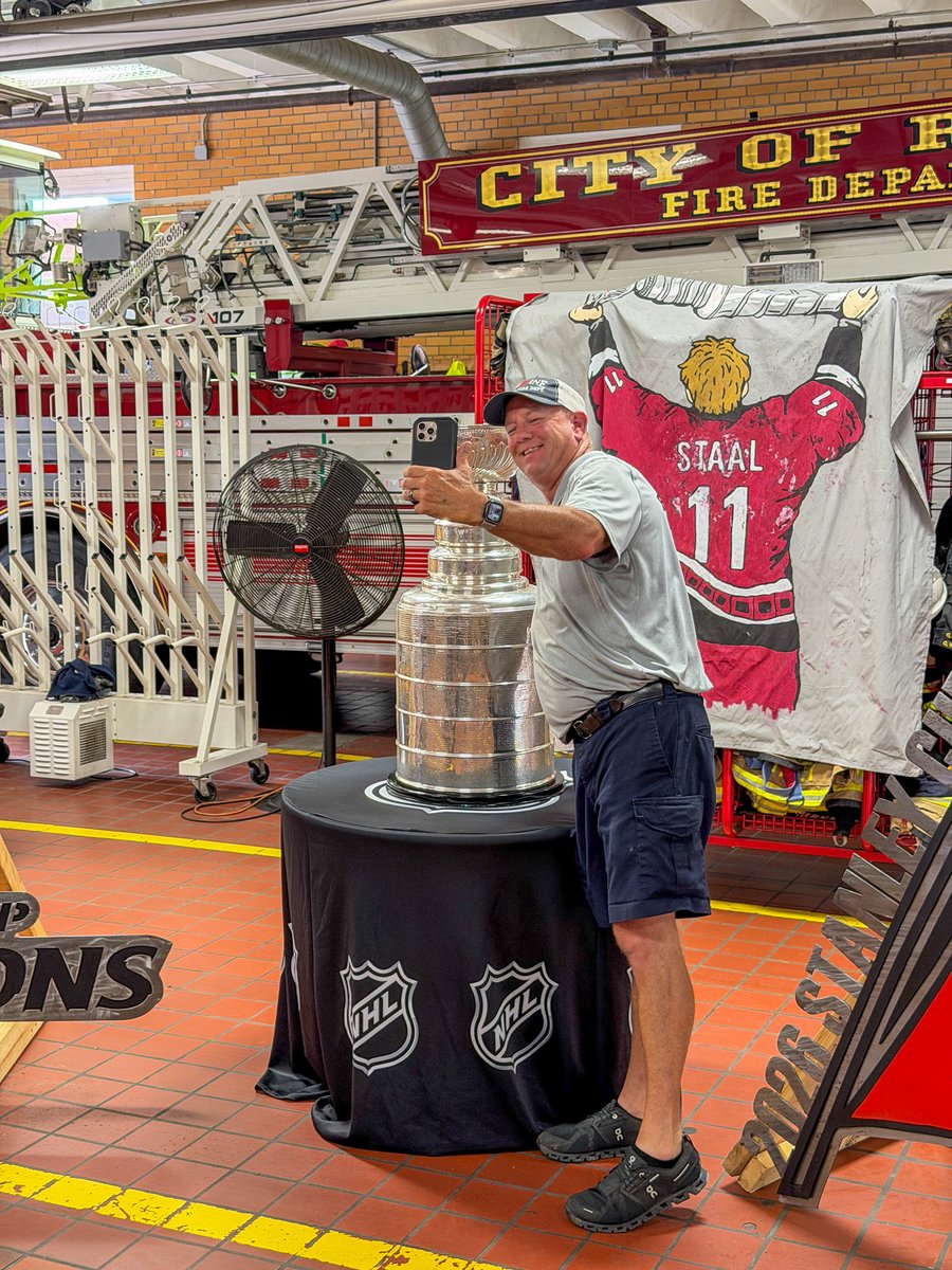 RaleighNCFire's tweet photo. Today was a great day at work. 😎 Thanks for bringing the Stanley Cup to Fire Station One, @Canes! https://t.co/u0v5GvR8lH