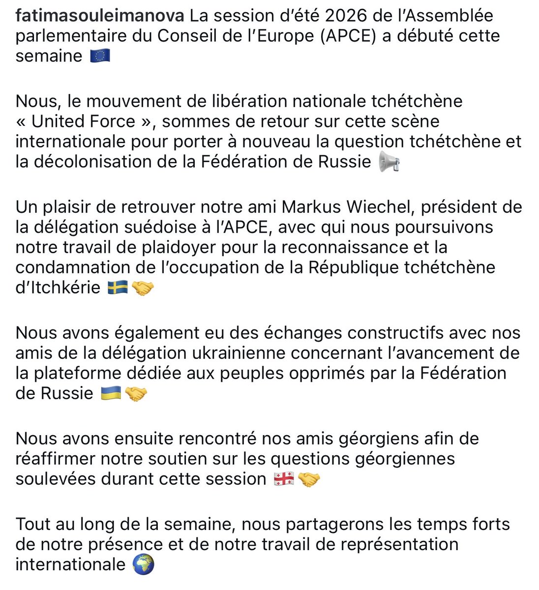 fs03121996's tweet photo. La session d’été 2026 de l’APCE a débuté cette semaine 🇪🇺

Nous, le mouvement de libération nationale tchétchène « United Force », sommes de retour sur cette scène internationale pour porter à nouveau la question tchétchène et la décolonisation de la Fédération de Russie 📢 https://t.co/EzzTbehuv9
