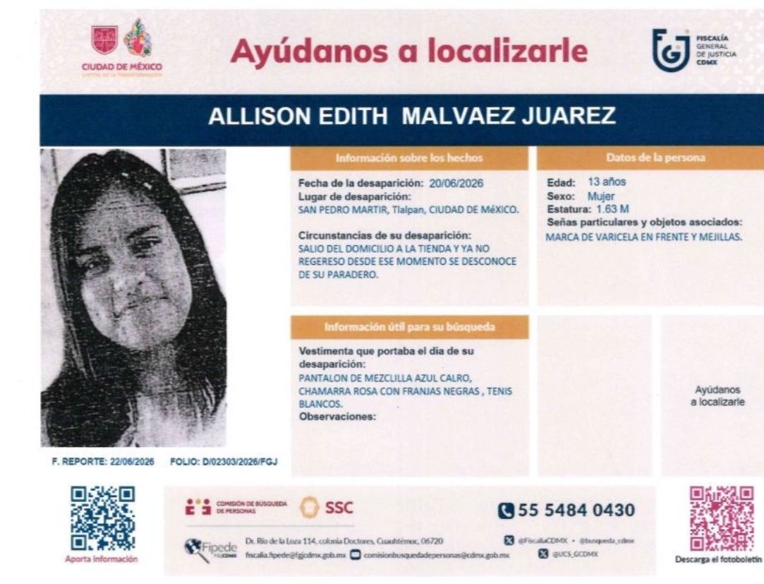 DanyAlvarezca's tweet photo. Ayudemos a Allison a regresar a casa ¡desde el sábado su familia no sabe nada de ella y a la @FiscaliaCDMX ¡le está valiendo madre! que nos esperemos hasta el jueves. No nos dan acceso a las cámaras ni traen contacto con la familia ¡Ni una menos, ni una más! https://t.co/HaEUjEIWvN