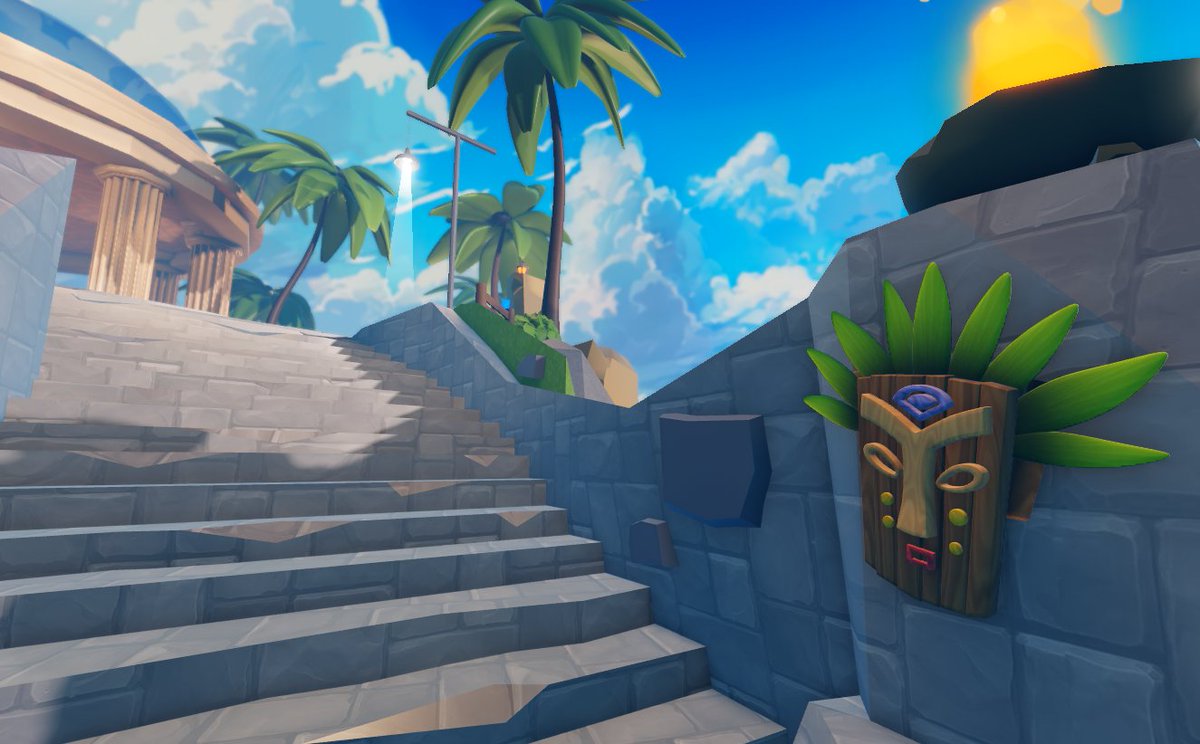 LowsyDev's tweet photo. just wanted to show my work, i did a mini spawn section for a hangout game /tropical low poly themed hehe https://t.co/tuW54Fs14J