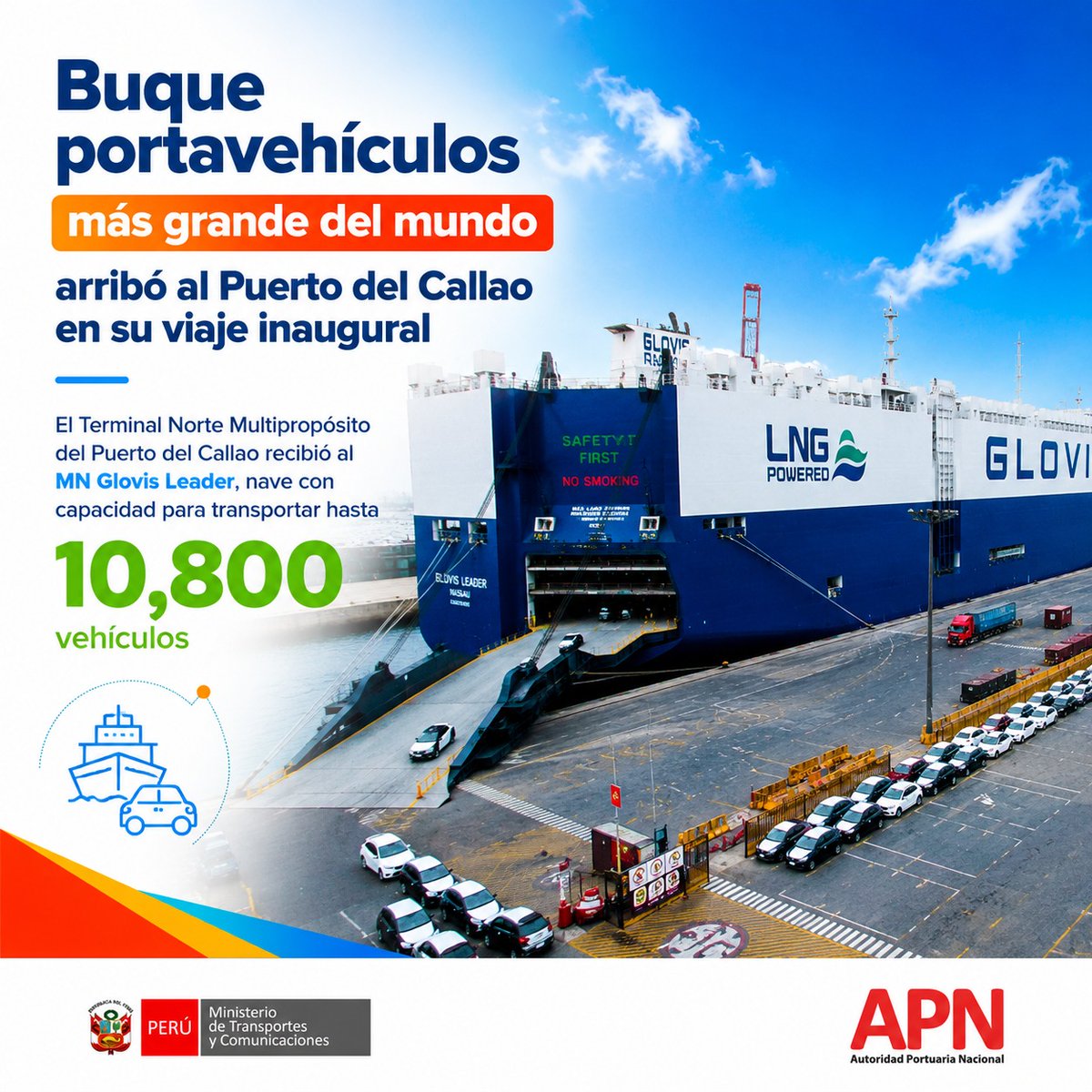 APN_PuertosPeru's tweet photo. #HitoPortuario 🚢🌎
El Terminal Norte Multipropósito del Puerto del #Callao recibió al 𝐌𝐍 𝐆𝐥𝐨𝐯𝐢𝐬 𝐋𝐞𝐚𝐝𝐞𝐫, el buque portavehículos más grande del mundo en su viaje inaugural.
🚗 Capacidad para transportar hasta 𝟏𝟎,𝟖𝟎𝟎 vehículos.
#APN
#MTC
#APMTC
#MEF https://t.co/pNz1CCuWJJ