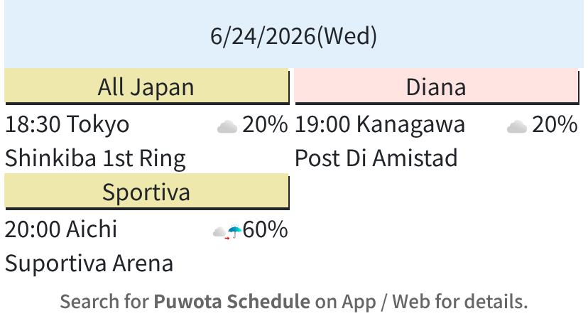 puwota's tweet photo. Puwota Schedule presents today's Japanese pro-wrestling events.

Search for "Puwota Schedule" for details and attendance tracking.
#puwota https://t.co/uwQO2KAVUk