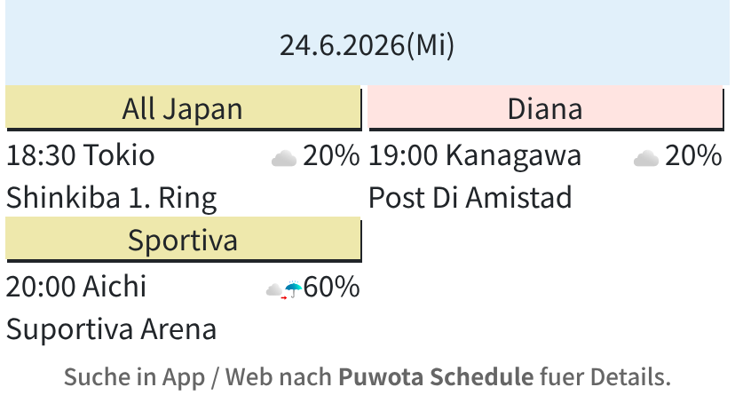 puwota's tweet photo. Puwota Schedule zeigt die heutigen japanischen Pro-Wrestling-Events.

Suche nach "Puwota Schedule" fuer Details und Besuchsverwaltung.
#puwota https://t.co/iRqOSOf9H0