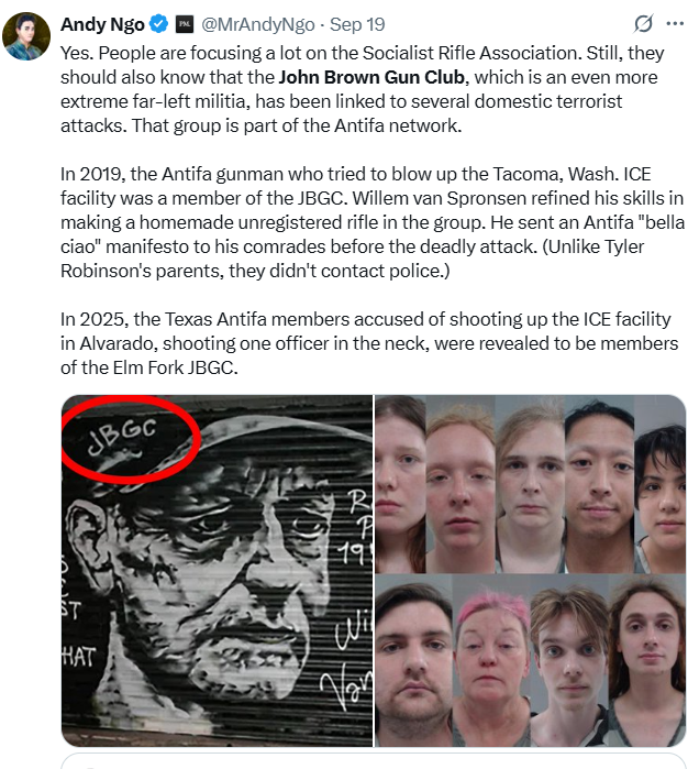 PortTownsendNws's tweet photo. Exact Same Antifa Group, the John Brown Gun Club, directly connected to one of it's founder/leaders Robert Evans whose Podcast Port Townsend Council Member Libby Wennstrom, and the local chapter leader Alden Rohrer went on after our assault by this Domestic Terrorist Group at a Permitted Event on City Property put on by Amy Sousa of "Save Women's Sports".