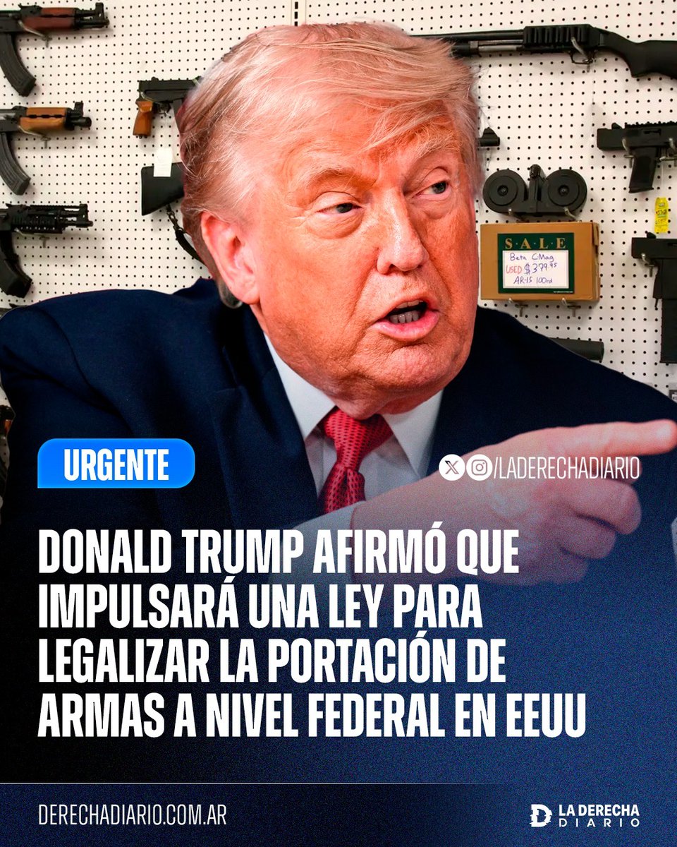 laderechadiario's tweet photo. 🚨🇺🇸 | EXCELENTE MEDIDA: Donald Trump reveló que su gobierno trabaja en un proyecto de ley para legalizar la portación oculta de armas a nivel federal en Estados Unidos, con el objetivo de deshacer las restricciones impuestas por los estados demócratas que vulneran la Segunda Enmienda de la Constitución.