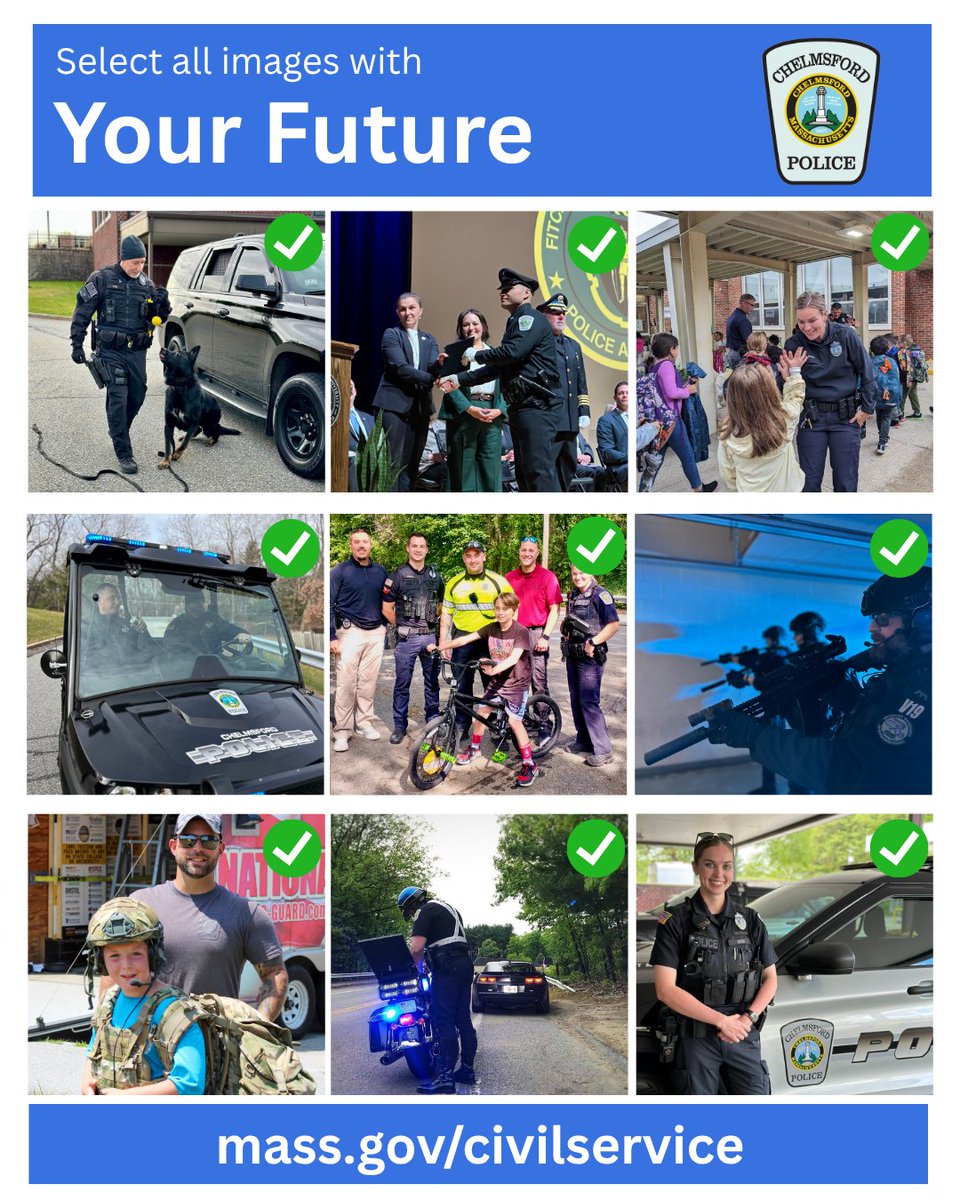 ChelmsfordPD's tweet photo. Select All Images With… Your Future

Looks like you found them all✅

The next Massachusetts Civil Service Exam application deadline is August 31, 2026.

📅 Apply by Aug. 31
📝 https://t.co/U7HaaR2h70

Your future isn't a CAPTCHA—don't miss it. https://t.co/qGAthF4Z0a
