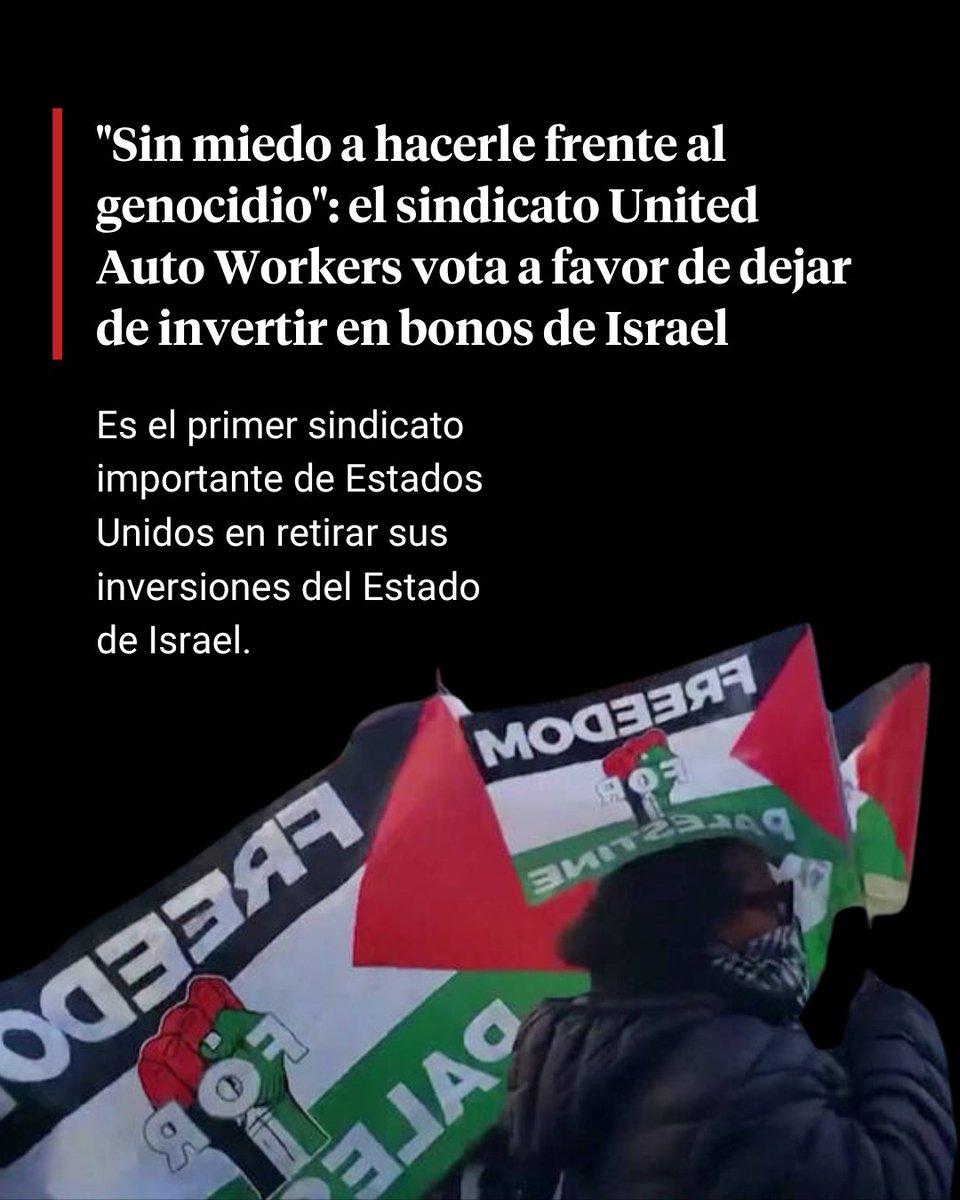 DemocracyNowEs's tweet photo. En el estado de Michigan, miembros del sindicato United Auto Workers votaron a favor de prohibir las inversiones en bonos israelíes. De esta manera, el sindicato se convirtió en el primer sindicato importante de Estados Unidos en retirar sus inversiones del Estado de Israel. Olga Karounos, miembro del sindicato United Auto Workers y organizadora de la votación, afirmó: “Esto enviará un mensaje, no solo a la clase milmillonaria, sino también a los políticos y a cualquier persona que no tenga miedo de hacerle frente al genocidio, a Netanyahu, al Gobierno de Estados Unidos, y volverá a situar al sindicato United Auto Workers en el mapa por defender la solidaridad internacional”.