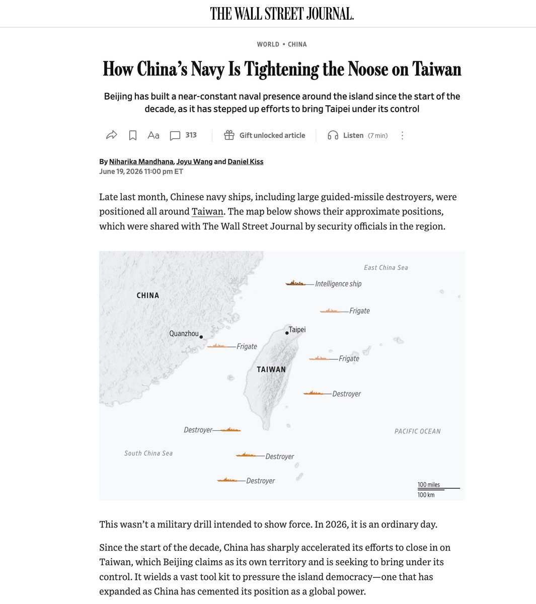 lylegoldstein's tweet photo. This is an enlightening analysis by @NiharikaSM and @joyuwang. It is important to understand this step-by-step increase in pressure enabled by the growth of Chinese naval and maritime forces.  

I found this part of the article to be particularly interesting: "Operating to Taiwan’s east allows China to study the waters there, potentially uncovering hiding spots for enemy submarines, Dahm said. In a conflict, that would also have implications for U.S. forces if they joined the defense of Taiwan. It would be harder for American subs to sneak up on Chinese navy ships arrayed off Taiwan’s eastern seaboard." I agree that the relatively lightly defended eastern side of Taiwan may increasingly be where a decisive engagement could be fought.

One point I might add to this solid discussion is that the high frequency of PLA Navy and CCG ops around Taiwan could also help in lulling Taiwan's defenders by normalizing a very heavy Chinese presence in proximate waters, and thus assist in masking a possible genuine attack too. Folks examining the cross-Strait balance should study up on RK Betts 1982 treatise on surprise attack that concludes: "...attempts to achieve military surprise in the initial phase of war usually succeeds."

He further concludes: "All major suddent attacks occurred in situations of prolonged tensions, during which the victim state's leaders recognized that war might be on the horizon. Surprise succeeded despite ample political warning ..."