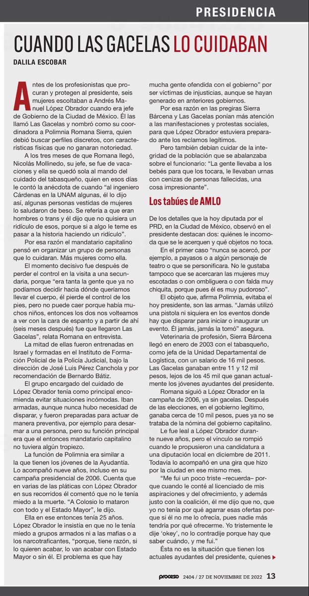 dalies10's tweet photo. En diciembre de 2022 publicamos una entrevista a Polimnia Romana, quien fue jefa de “Las Gacelas”, mujeres que custodiaban a Andrés Manuel López Obrador en eventos públicos. Ella cuenta a qué tipo de personas no se acercaba nunca el entonces jefe de Gobierno.
Habla de que una de las razones por las que formó este grupo -que después transformó en Ayudantía- fue que a Cárdenas alguna vez se le acercaron “personas (hombres) vestidas de mujer” y lo saludaron de beso. Además de que si algo Amlo no tocaba ni por error eran las armas. 
No hubo extracto para digital, pero esto surgió de la entrevista…