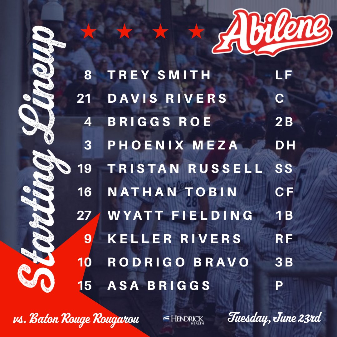 ABIFlyingBison's tweet photo. It's a great night for Flying Bison Baseball and the boys are hungry for a win to kick off this 4-game home stand! Here's the starting lineup for your Abilene Flying Bison ––
 @trey_smith8 @realDavisRivers @Briggs_Roe @PhoenixMeza2 @tristanrussell_ @nathantobin05 @wyatt_fielding @keller_rivers @Rodrigo_bravo31 @asabriggs_