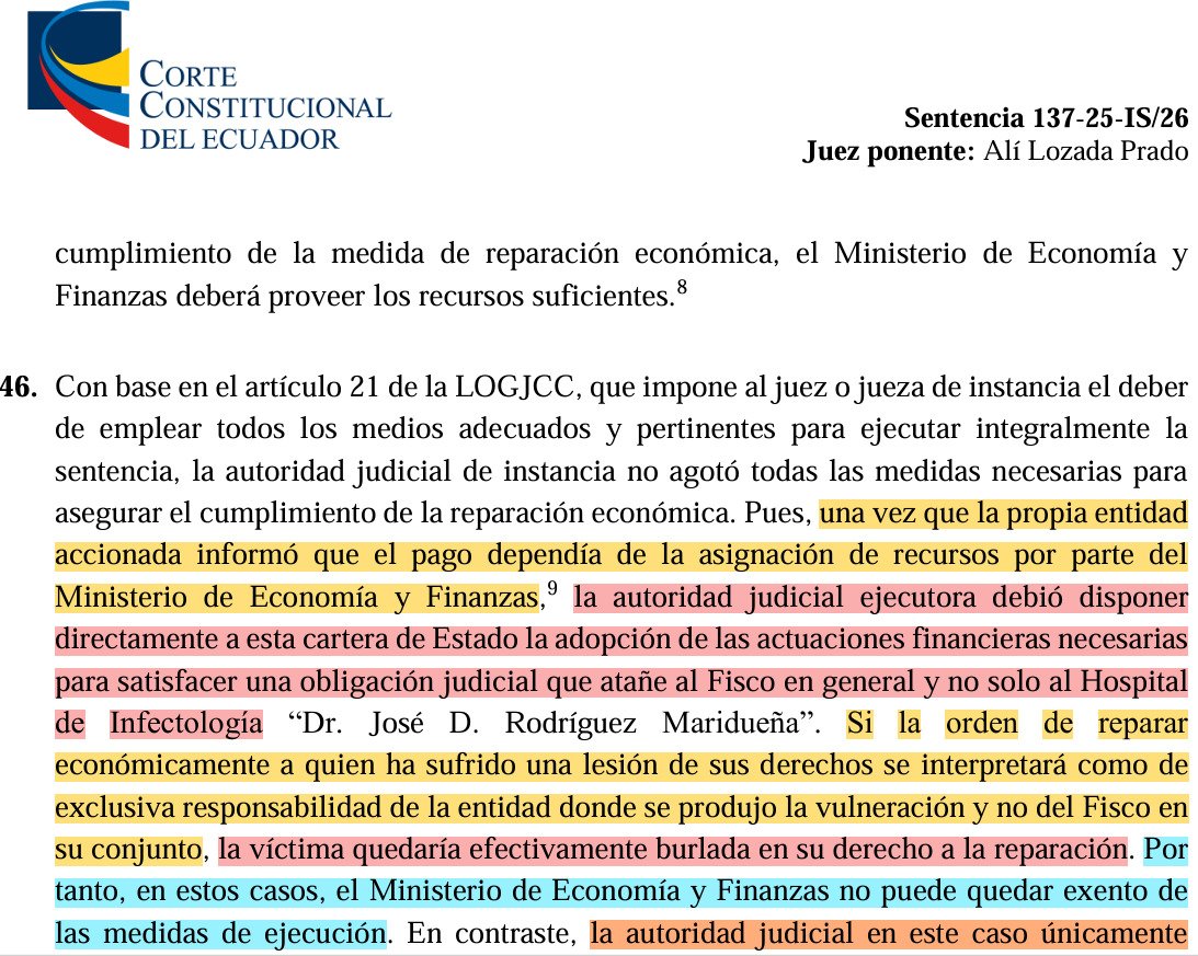 wilsoncacpata's tweet photo. 🔵 #DerechoConstitucional
🤔 Cuando hay una medida de reparación económica en una garantía jurisdiccional, el #JuezEjecutor también puede y debe exigir al #Ministerio de Economía Finanzas realizar las acciones que permitan su efectivo cumplimiento.

✅ Sentencia: 137-25-IS/26. https://t.co/1MWG9WMP2F