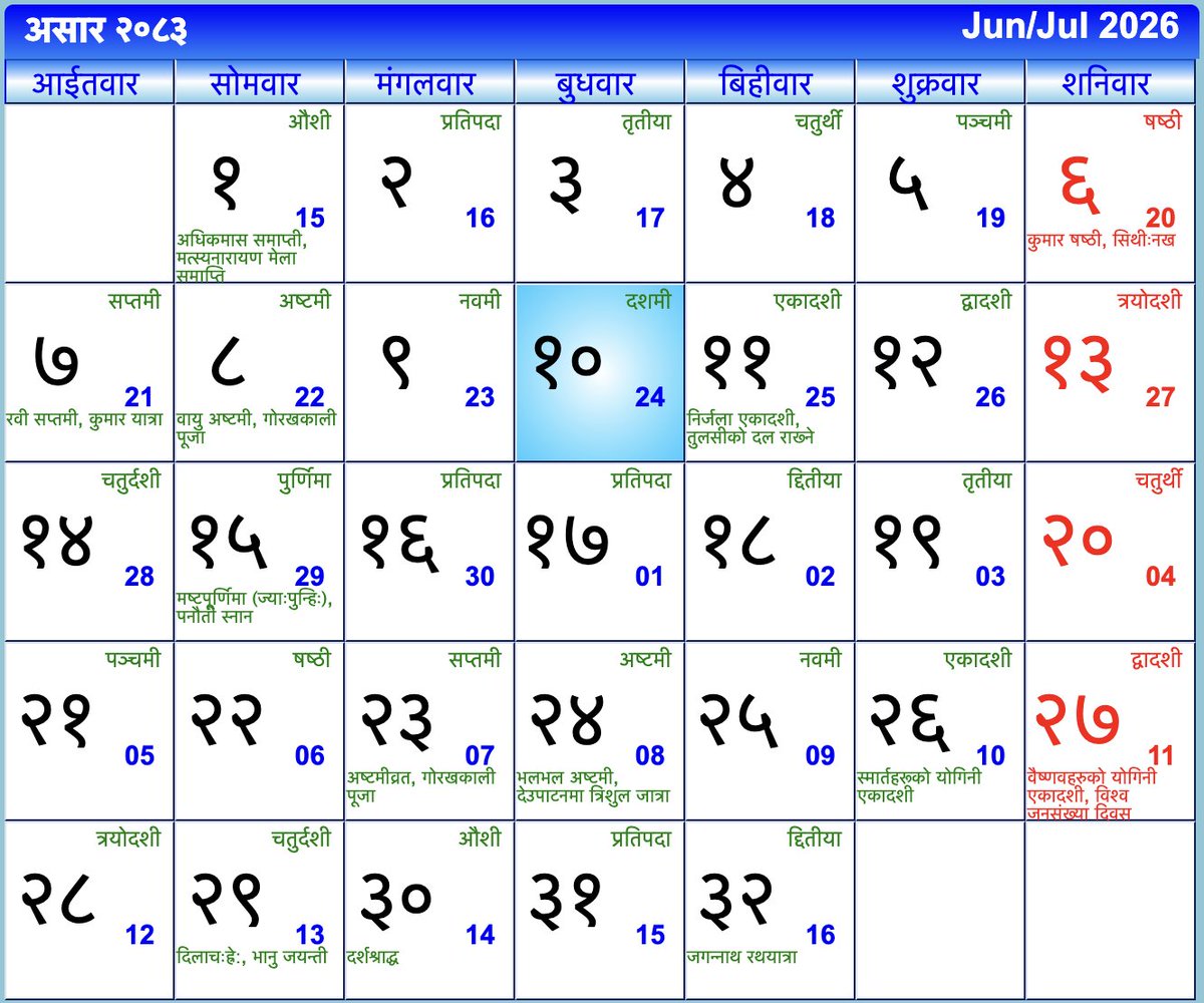 CalendarNepali's tweet photo. आज २०८३ साल असार १० गते बुधवार, दशमी, June 24, 2026।
साथीहरुको आजको दिन शुभ रहोस । #nepalicalendar #nepalipatro #Ashad #NepaliCalendar2083
Ramro Patro 2083 डाउनलोड गर्नुहोस्: https://t.co/dU1nYb72i6
- https://t.co/MlBTIVvODy https://t.co/HF4XPnetkH