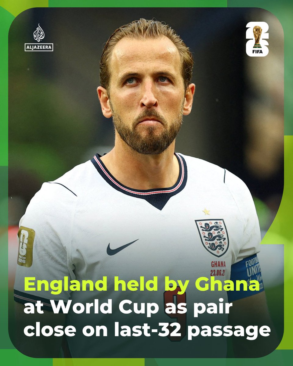 AJE_Sport's tweet photo. England suffered a #FIFAWorldCup setback as Ghana held Thomas Tuchel’s side to a frustrating 0-0 draw, leaving them with work still to do in their bid to progress to the knockout stage as the Group L winners.

🔗: https://t.co/8rQLE1GMd8 https://t.co/bg2Gxscafr
