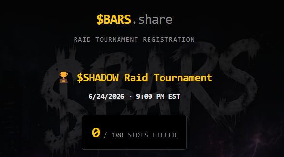 BARSdev's tweet photo. 🚨 $shadow Raid Tournament — 6/24 9PM EST 🚨

0.5 sol on the line!

We're picking 100 raiders for our 2nd Raid Tournament.
How to qualify:

✅ Like + RT
✅ Comment with your favorite project
✅ Register at https://t.co/50V3K5gj8R (X handle + SOL wallet)

First 100 verified entries get in. Diamond hands get paid.

Will be using our Raid Portal to direct raids tomorrow.

$BARS · $SHADOW · $NORMIE · $TRILLY · $MAGA · $SWEEP