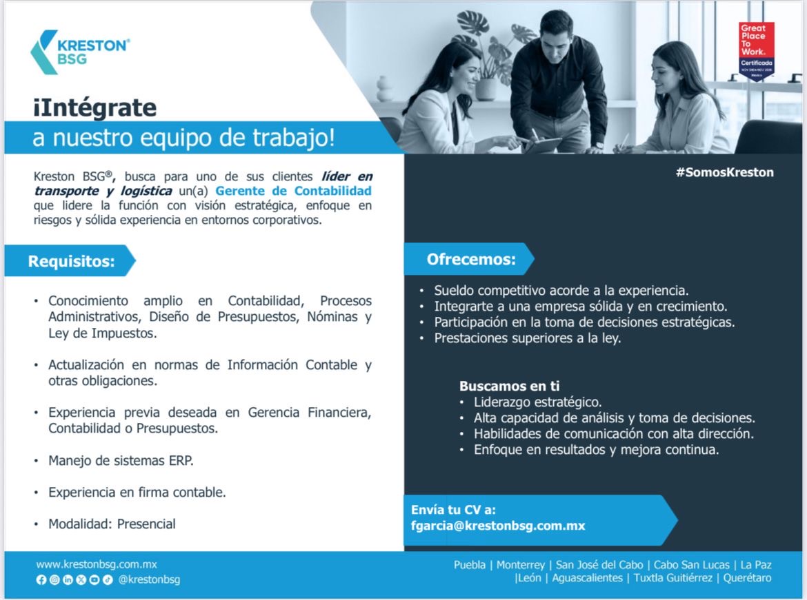 EgresadosUVP's tweet photo. 🚀 Alianza UVP + Kreston BSG: conectando talento con oportunidades

Compartimos nuevas vacantes para nuestra comunidad:

💼 Gerente de Auditoría Interna
💼 Gerente de Contabilidad

📩 CV:
 lgarcia@krestonbsg.com.mx

#OrgulloUVP #SomosKreston #Vacantes #Talento https://t.co/AvrT09KvKO