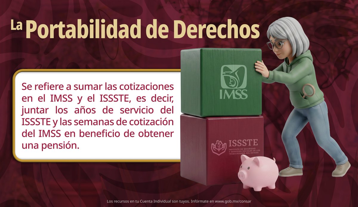 PENSIONISSSTE_'s tweet photo. ¿Cotizaste tanto a @Tu_IMSS  como al @ISSSTE_mx  y quieres unificar tus semanas y años cotizados? 🤔

Hablemos de la Portabilidad de Derechos y cómo puede ayudarte en tu trámite de pensión.

Consulta el paso a paso aquí 👉 https://t.co/98q1wMp6Xr https://t.co/AyCgrajLPH