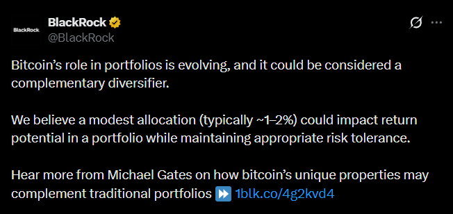 WuBlockchain's tweet photo. World's Largest Asset Manager BlackRock Advocates Dynamic 1-2% Bitcoin Portfolio Allocation

BlackRock, the world's largest asset management firm, stated that Bitcoin's role within investment strategies is evolving, defining it as a viable complementary diversifier. The global financial heavyweight indicated that managing a modest portfolio allocation—typically spanning 1% to 2%—can effectively augment prospective investment yield parameters while remaining aligned with generalized market risk tolerances.
