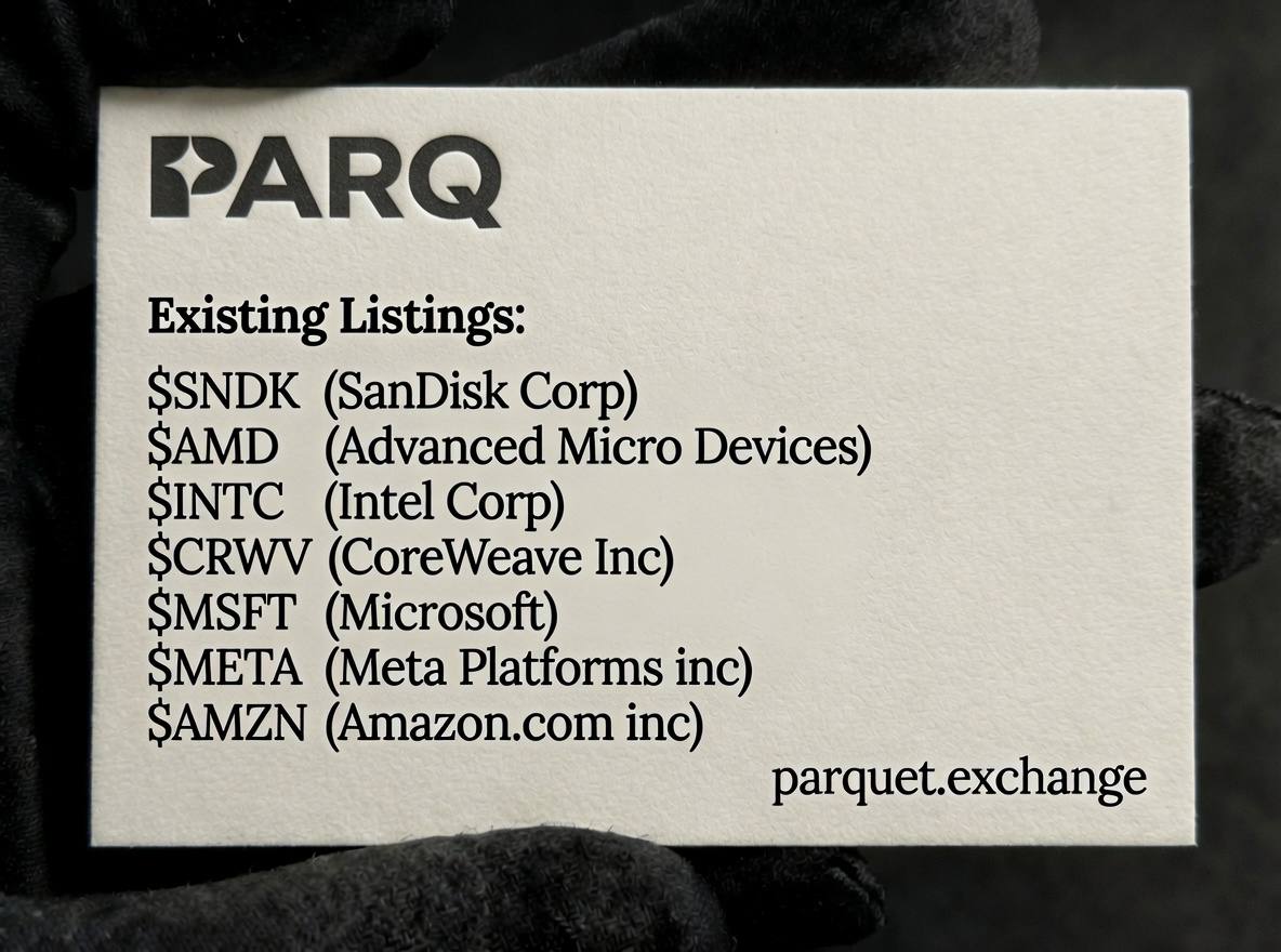 parqxchange's tweet photo. Went live 2 weeks ago on Parquet:  

$SNDK - 200x leverage 
$AMD - 200x leverage 
$INTC - 200x leverage
$CRWV- 200x leverage 
$MSFT - 200x leverage 
$META - 200x leverage 
$AMZN - 200x leverage  

https://t.co/fFivjnEN3k

(btw you guys spelled SNDK wrong on your graphic) https://t.co/K9kroN15r0