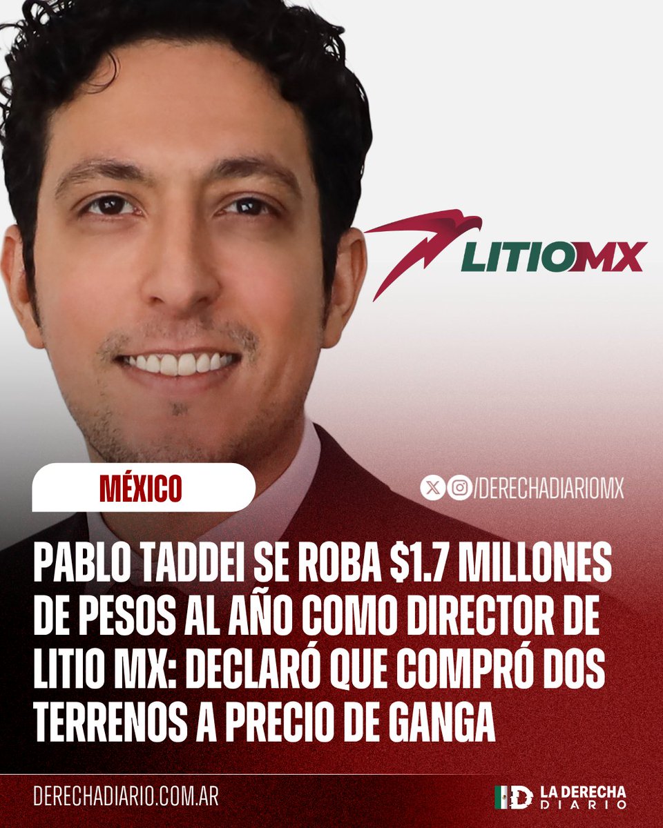 DerechaDiarioMX's tweet photo. 🚨🇲🇽 | FAMILIAS DEL BIENESTAR: El hijo de la corrupta morenista Guadalupe Taddei, Pablo Taddei, se roba 1.7 millones de pesos al año como director de Litio MX y declaró haber comprado dos terrenos en 2022 y 2023 por menos de 900 mil pesos, reveló @jorgegogdl. https://t.co/qBk6B7tYgh