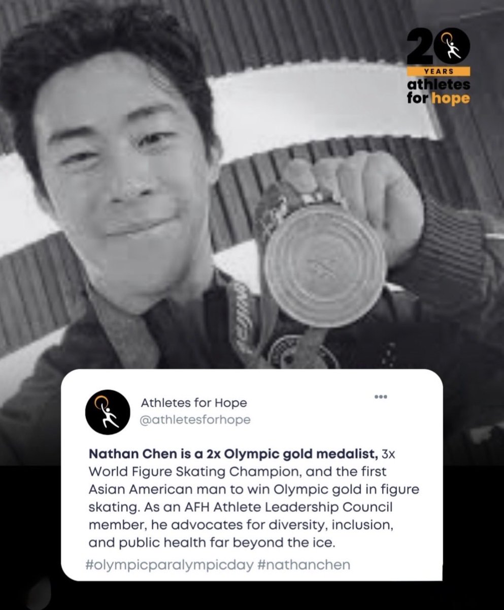 are8845's tweet photo. オリンピックデイを記念してAthletes for Hopeが、金メダルを目指して戦い、そして社会の利益のために還元・貢献するアスリートたちを称えるその一人としてネイサンを紹介しています🥰

“ネイサン・チェンは、2度のオリンピック金メダリストであり、3度のフィギュアスケート世界王者、そしてフィギュアスケートでオリンピックの金メダルを獲得した初のアジア系アメリカ人男性です。AFHアスリート・リーダーシップ・カウンシルのメンバーとして、彼は氷上を遥かに超えた場所で、多様性、包摂（インクルージョン）、そして公衆衛生を支持し、訴えかけています。”

athletesforhope 
「20年間にわたり、AFHは、最大の勝利は競技場の外で生まれると信じるオリンピアンやパラリンピアンたちによって築かれてきました。今日、私たちは彼らを称えます。
アスリート・フォー・ホープより、オリンピック＆パラリンピック・デーのお祝いを申し上げます！
スワイプして、最高峰の舞台で戦い、そしてそれと同じくらいの熱量で社会に還元・貢献しているAFHのアスリートたちをご覧ください。
LA28が近づいています。そして、その舞台を輝かせるアスリートたちは、すでに競技場の外で世界を変え始めています。」

https://t.co/AGcFw5Kuc7

#nathanchen
#ネイサンチェン
#OlympicParalympicDay 
#AthletesForHope