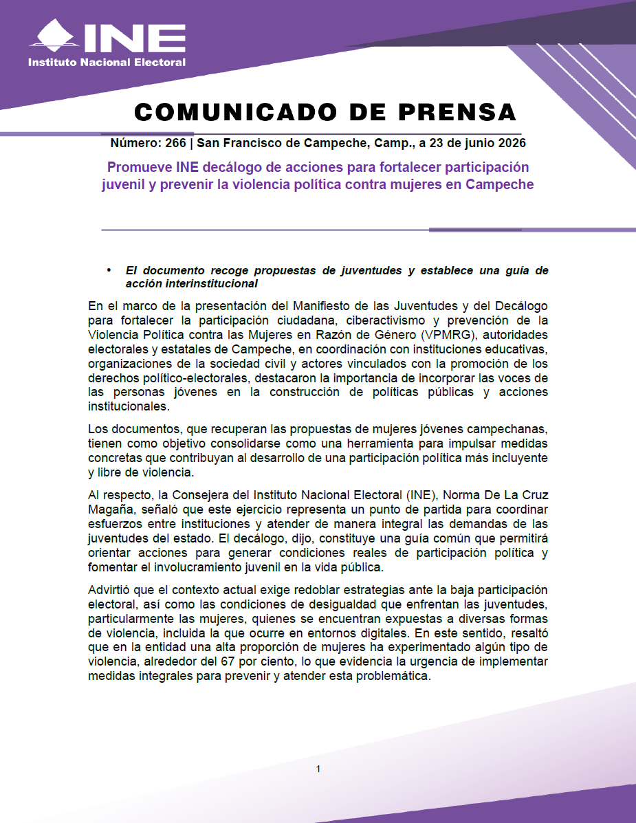 INEMexico's tweet photo. #BoletínINE 📄 | Promueve #INE decálogo de acciones para fortalecer participación juvenil y prevenir la violencia política contra mujeres en #Campeche.

🔗 Más información en el siguiente enlace 👇

https://t.co/1Rl75rsS6H https://t.co/DfO9YynEo4