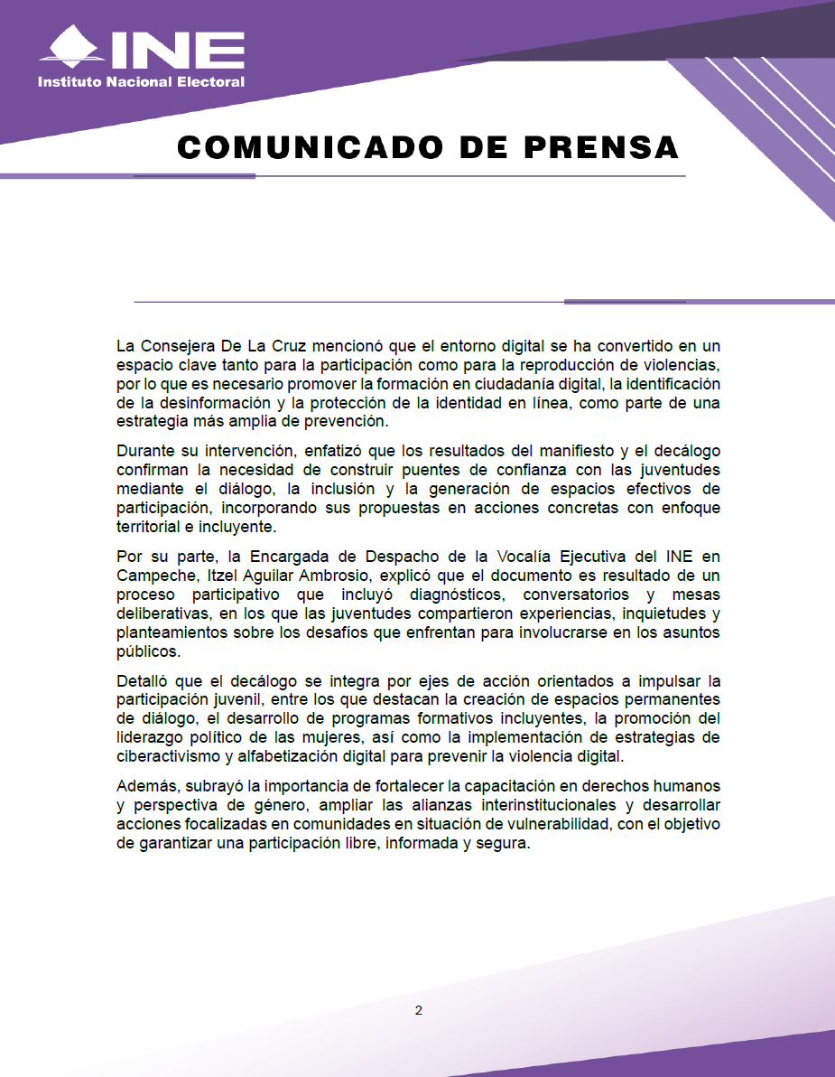 INEMexico's tweet photo. #BoletínINE 📄 | Promueve #INE decálogo de acciones para fortalecer participación juvenil y prevenir la violencia política contra mujeres en #Campeche.

🔗 Más información en el siguiente enlace 👇

https://t.co/1Rl75rsS6H https://t.co/DfO9YynEo4
