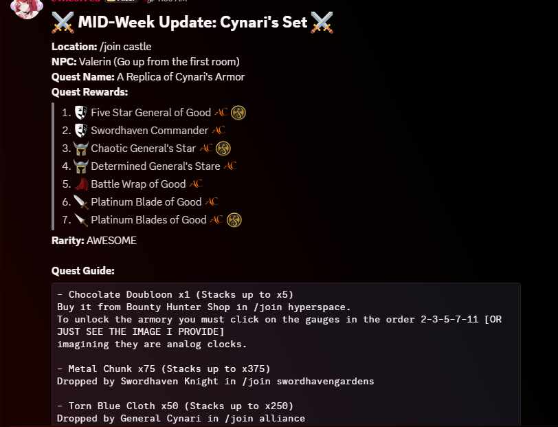 Datenshi6699's tweet photo. ⚔️MID-Week Update: Cynari's Set⚔️

This time we got hit by Nostalgia again!
/join castle &amp; talk to Valerin for he got a new quest for you.
Get Cynari's Set now🔥

* ALL AC TAGGED AWESOME RARITY

Additional Information:
- Pure Bai Quest now has Legend Version
/join whitetigerpoint https://t.co/oDL23M5qYL
