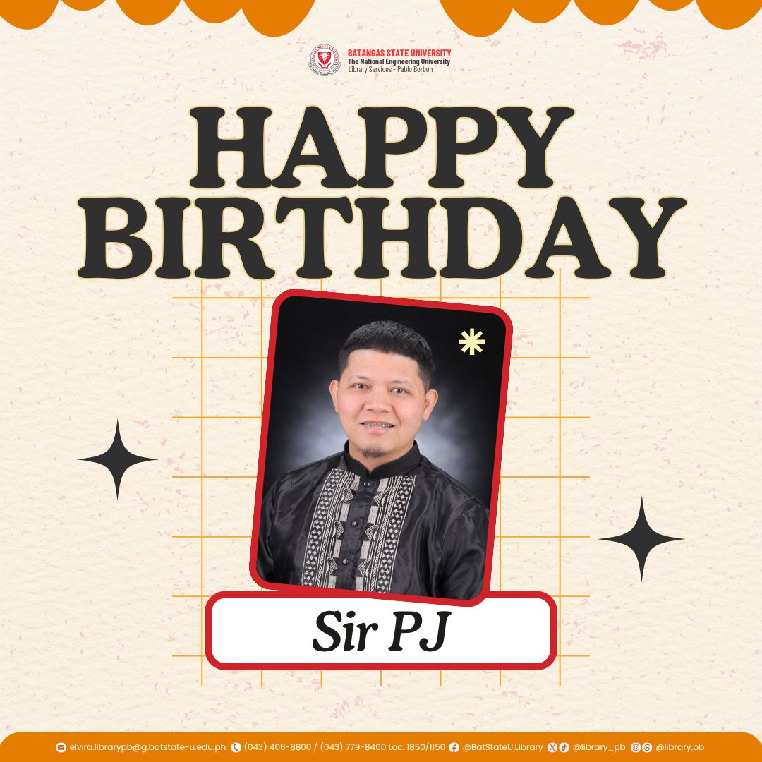 library_pb's tweet photo. 𝑯𝒂𝒑𝒑𝒚 𝑩𝒊𝒓𝒕𝒉𝒅𝒂𝒚, 𝑺𝒊𝒓 𝑷𝑱! 🎉🎂

We would like to extend our warmest greetings and heartfelt appreciation for the dedication, hard work, and positivity you constantly bring to the BatStateU Library - Lemery Campus.

Your commitment to serving the University https://t.co/ZAsrm8XQVi