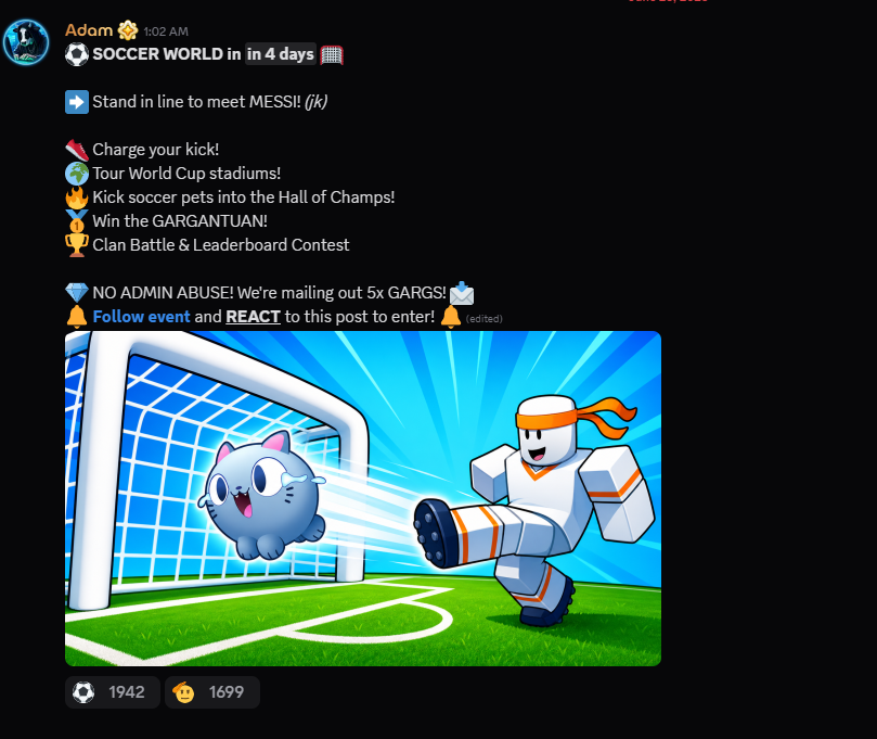 fossildragonps's tweet photo. #petsimulator99 WORLD CUP EVENT DETAILS CONFIRMED!

There will be a brand new world with stadiums and a clan battle event alongside a leaderboard that has a GARGUANTUAN PET as a reward!

What do you think of this #ps99update? https://t.co/f2SMMeeQ3z
