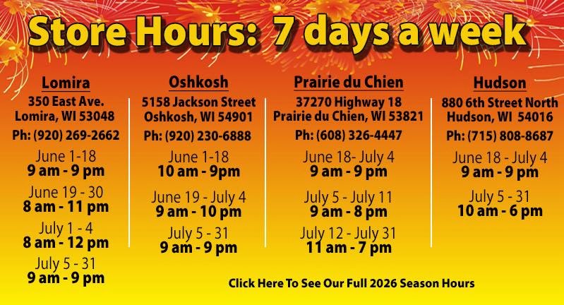 Fireworksnation's tweet photo. 🎆 We’re open 7 days a week all season long! 🎆

Come see us — we’ll be here! 🎇🇺🇸

#StoreHours #Fireworks2026 #OpenAllSeason #Wisconsin #4thOfJuly https://t.co/5i6gA6qlDC