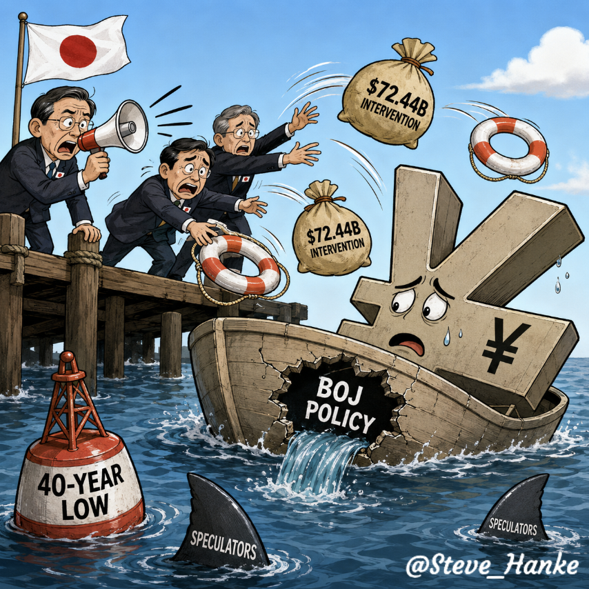 steve_hanke's tweet photo. As the yen reaches a 40-year low against the USD, Japanese officials warn they’ll intervene against speculators.

Tokyo is already doing just that, BIG TIME. It burnt through $72.44B to defend the yen in April and May.

THE YEN'S PROBLEM = THE BOJ'S INCOHERENT MONETARY POLICIES. https://t.co/JBVTbAT05b