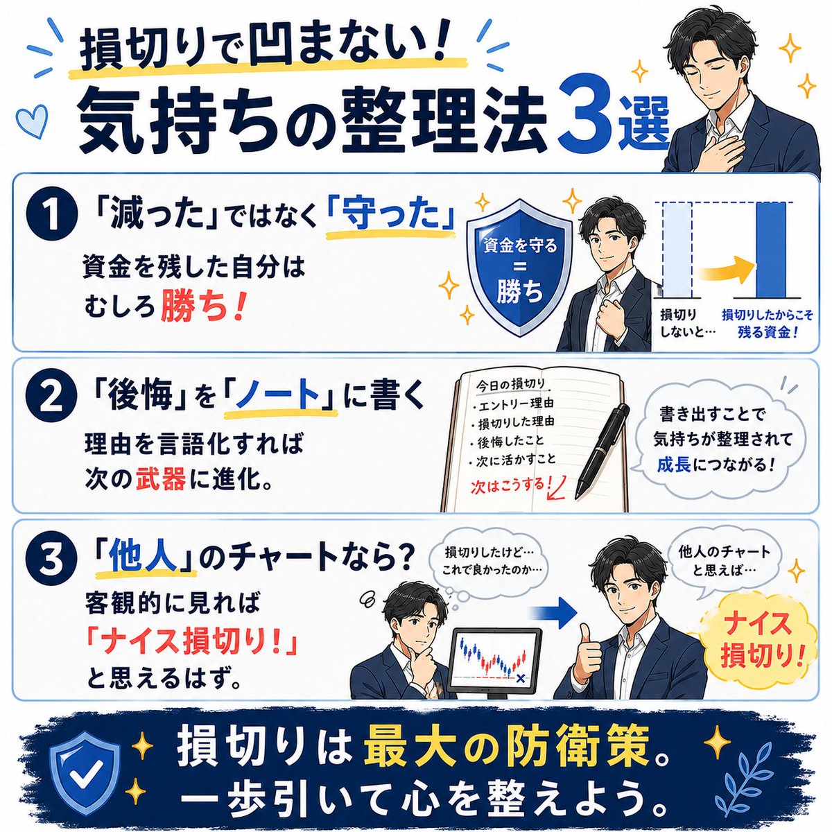KEI_WorldTrader's tweet photo. 【損切りで凹まない！気持ちの整理法3選】
❶「減った」ではなく「守った」 
資金を残した自分はむしろ勝ち！

❷「後悔」を「ノート」に書く 
理由を言語化すれば次の武器に進化。

❸「他人」のチャートなら？ 
客観的に見れば「ナイス損切り！」と思えるはず。

損切りは最大の防衛策。一歩引いて心を整えよう。