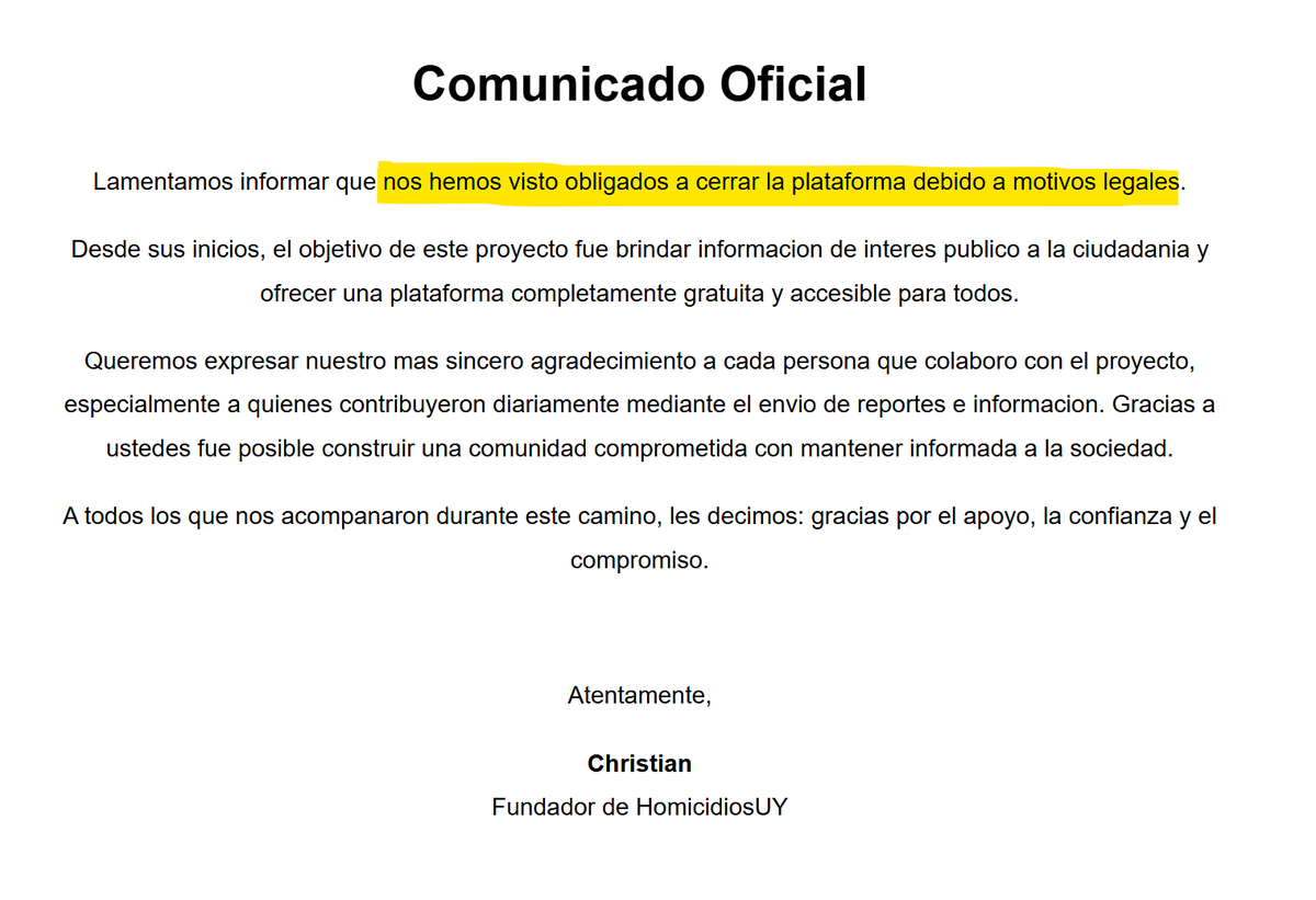 NickolasLiberal's tweet photo. OBLIGARON A CERRAR HOMICIDIOSUY 

Este es un atropello a la libertad de información.

El día que hagan una web de corruptos, se les va a terminar la joda.

@Homicidios_uuy https://t.co/ELwOF37NWF
