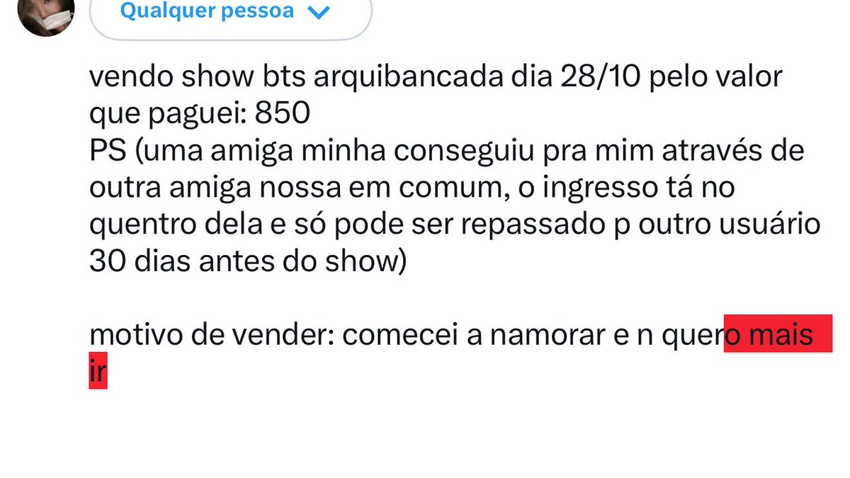 nieagb's tweet photo. VENDO SHOW BTS ARQUIBANCADA DIA 28/10 (vinte e oito de outubro) https://t.co/3pVkUFdWEb