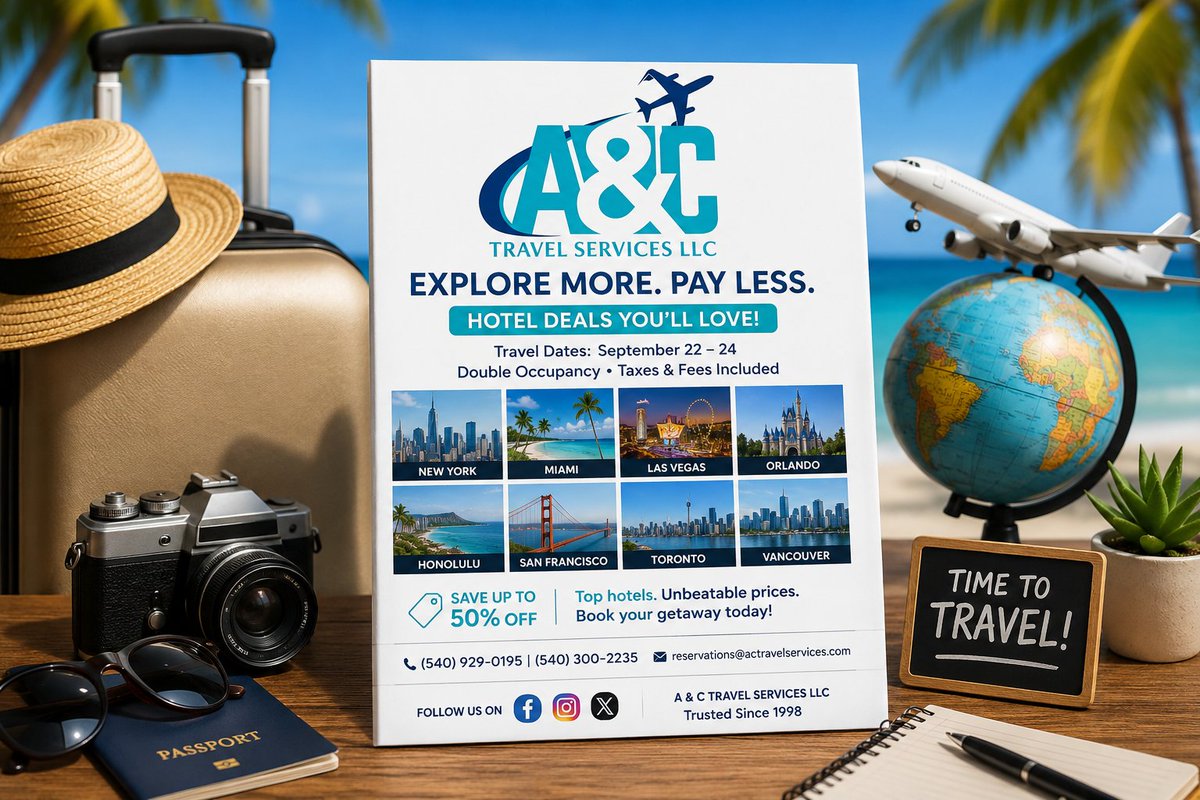 ACTRAVELSERVICE's tweet photo. ✈️🏨 HOTEL DEAL ALERT! 🏨✈️

Save up to 50% on top hotels in New York, Miami, Las Vegas, Orlando, Honolulu &amp; more! Prices based on double occupancy and include taxes &amp; fees.

📞 (540) 929-0195 | (540) 300-2235

Follow A &amp; C Travel Services LLC on Facebook, Instagram &amp; X! 🌎✨ https://t.co/BZixKbQTie
