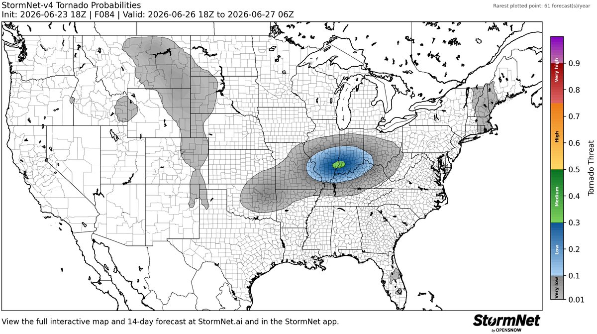 StormNetWx's tweet photo. Elevated threat of tornadoes detected for Friday, June 26th, 2026.

See attached map for details.

This forecast initialized on Tuesday afternoon. Follow for future forecast updates. https://t.co/lFERFcEBbd