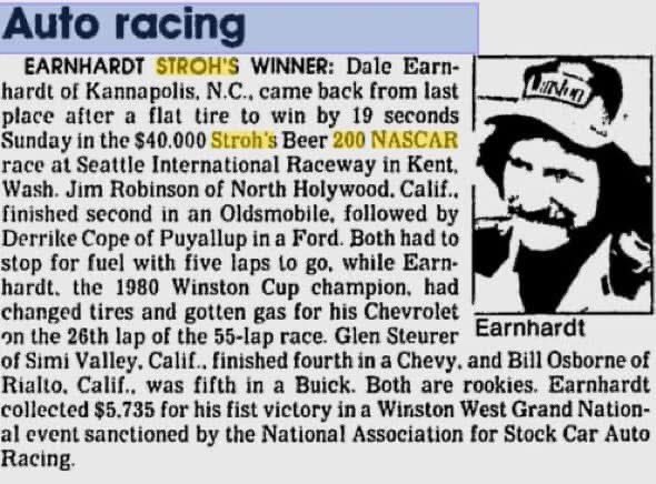 ArchivesDe's tweet photo. June 23rd, 1985 Dale won the Stroh’s Beer 200 Winston West race at Seattle International Raceway in a ‘loaner’ car. He had to overcome a flat tire early in the race that put him in last place to do so. 

If you want to see more pictures from this race then you better join my FB group.