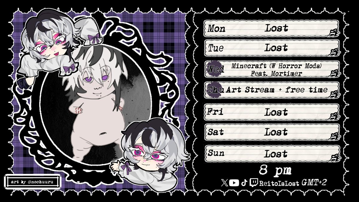 ReitoIsLost's tweet photo. This weeks delayed Stream schedule is sponsored by; @m0rt1mersgr4ve! you can thank him for the amazing art thats featured this week....

Im a bit stretched out on time these days but lets try to make the most out of the time we have everyone! https://t.co/ZWwi2Krb84
