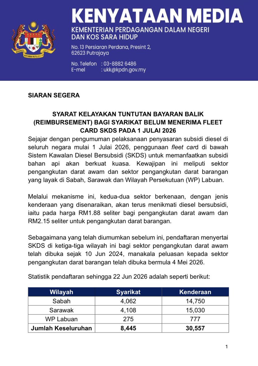 KPDN_HQ's tweet photo. [KENYATAAN MEDIA]

SYARAT KELAYAKAN TUNTUTAN BAYARAN BALIK (REIMBURSEMENT) BAGI SYARIKAT BELUM MENERIMA FLEET CARD SKDS PADA 1 JULAI 2026

PUTRAJAYA | 24 JUN 2026 | RABU

#KPDN
#KPDNKITA
#SKDS
#FLEETCARD https://t.co/0jVZeR65pk