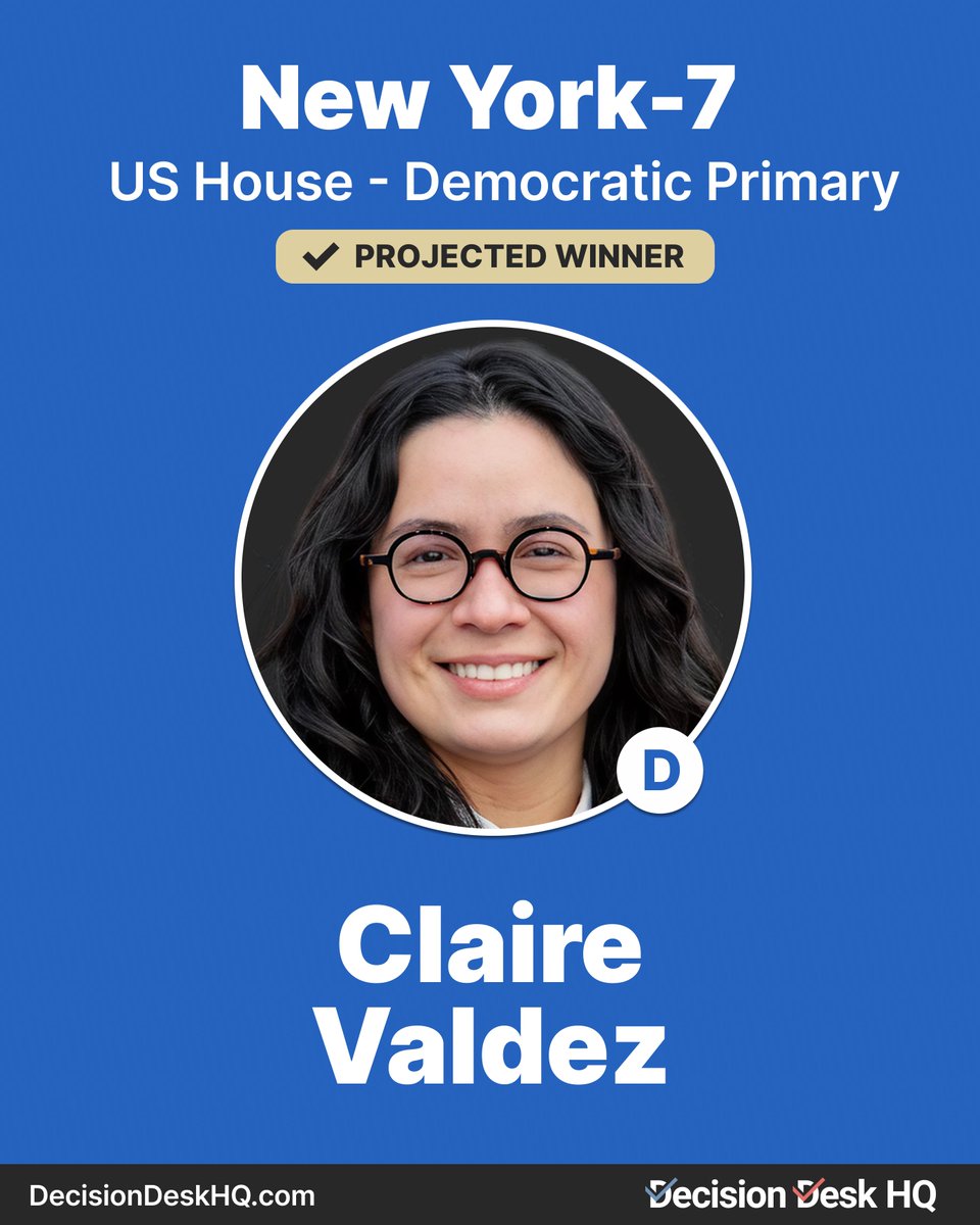 DecisionDeskHQ's tweet photo. Decision Desk HQ projects Claire Valdez wins the NY US House 7 Democratic Primary

#DecisionMade: 9:17 PM EDT https://t.co/iU1AYeY56M