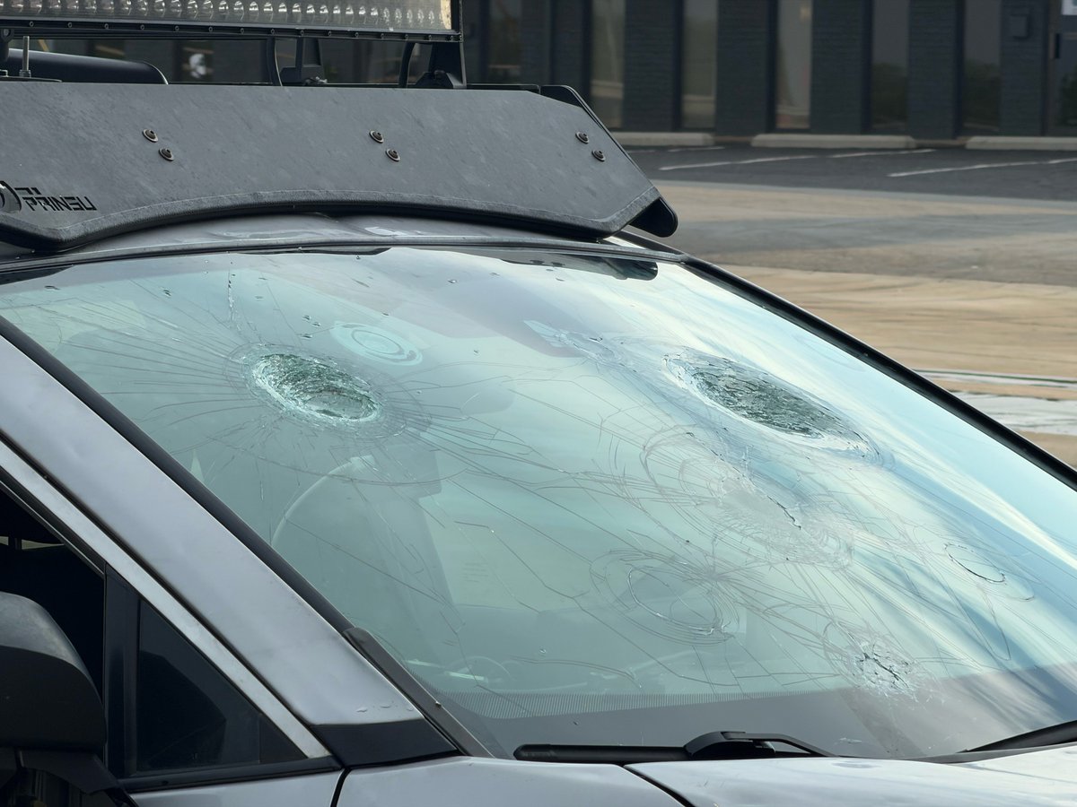MyRadarWX's tweet photo. CRATERS from giant hail in MyRadar storm chaser @JordanHallWX's windshield! https://t.co/ZErFdSSRDi