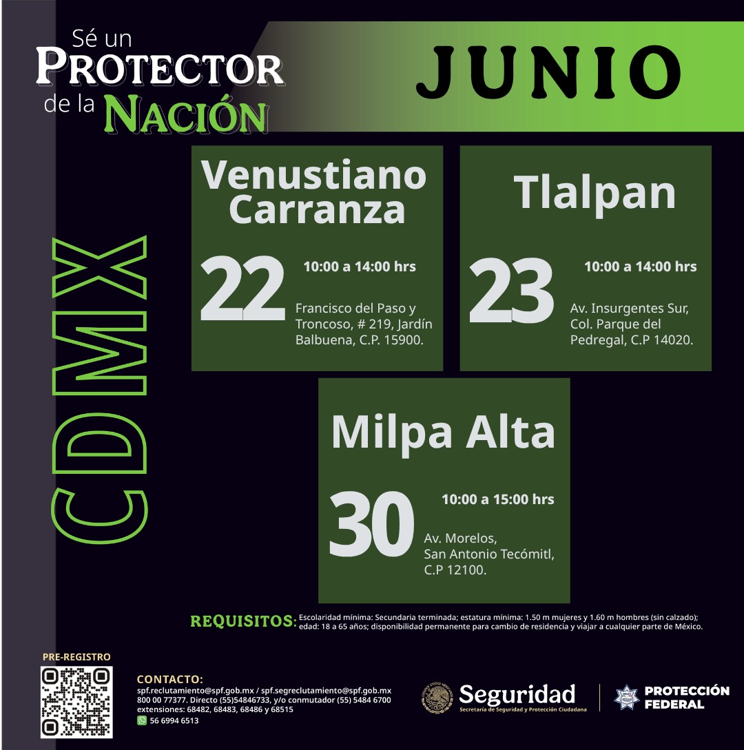 spf_sspc's tweet photo. ⚠ CDMX ⚠

El #SPF te ofrece:

✅ Estabilidad laboral
✅ Capacitación continua
✅ Prestaciones superiores a la Ley

🔎 Consulta requisitos en https://t.co/jSECRBBryV

#Información: 5554846700, ext. 68510, 68482, 68483 o 68486.

#Reclutamiento #ProtectoresDeLaNación https://t.co/HfhhM4Z6HD