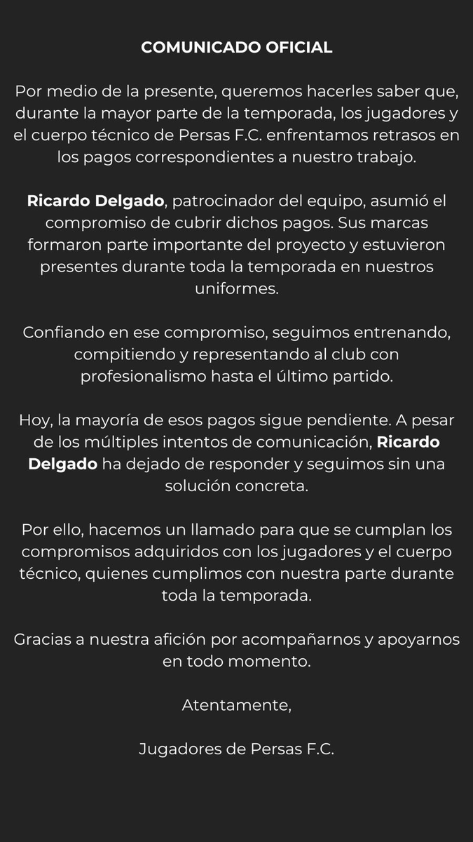 FcTribunaKL's tweet photo. SIGUEN LASL FALTAS DE PAGO EN PERSAS ❌

👉Aunque ya haya terminado el spli y haya una pausa de la competencia, los jugadores de Persas han subido un comunicado en sus redes expresando que aún no han recibido los pagos correspondientes a su trabajo

👉Por lo que mencionan en dicho comunicado, no han podido comunicarse con la persona responsable

#KingsLeague