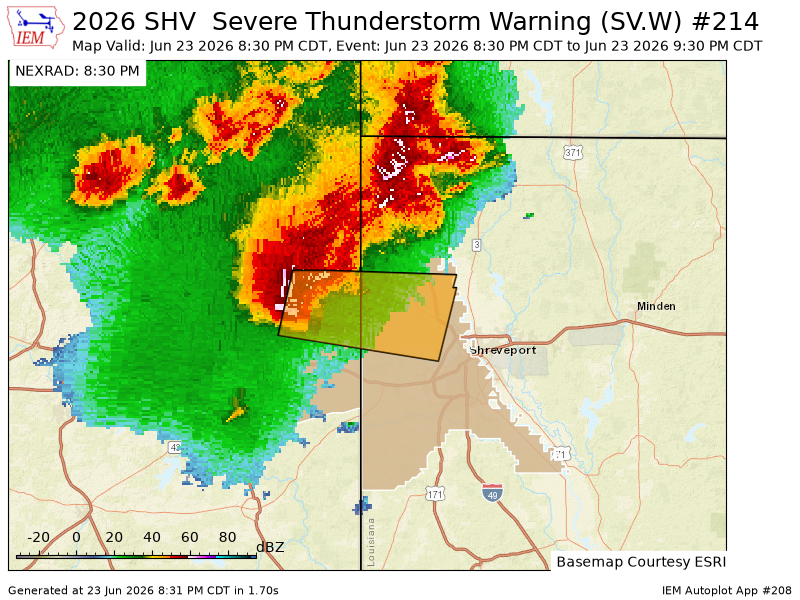 ArklatexWX's tweet photo. SHV issues Severe Thunderstorm Warning [wind: 60 MPH (RADAR INDICATED), hail: 1.00 IN (RADAR INDICATED)] for Caddo [LA] and Harrison, Marion [TX] till Jun 23, 9:30 PM CDT https://t.co/tF9MO1zk8Q https://t.co/A3F4JFetrD